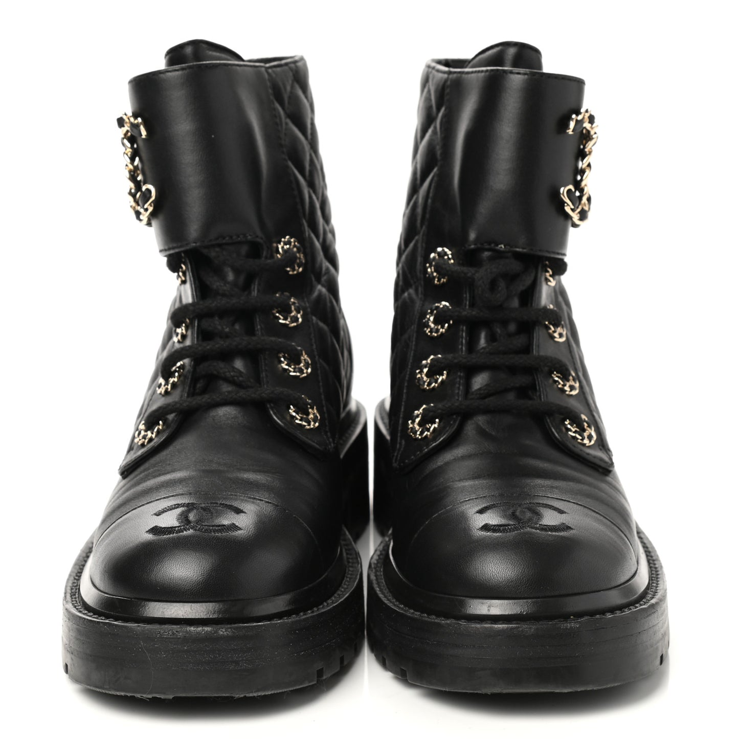 Shiny Lambskin Quilted Lace Up Combat Boots 35.5 Black