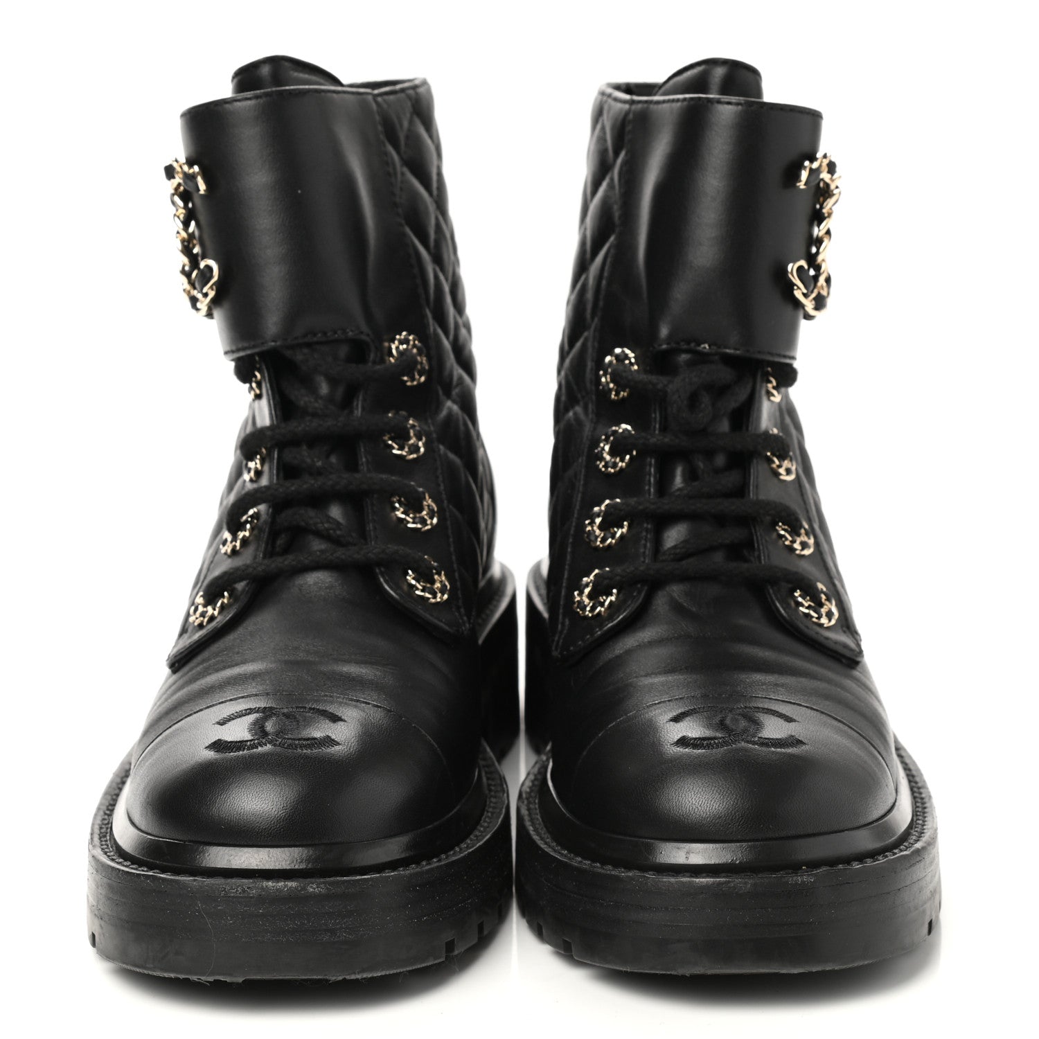 Chanel Shiny Lambskin Quilted Lace Up Combat Boots 35.5 Black 2 of 9
