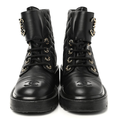 Chanel Shiny Lambskin Quilted Lace Up Combat Boots 35.5 Black 2 of 9