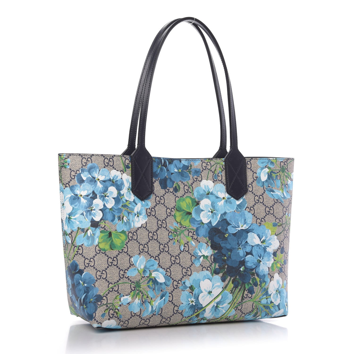 Gucci GG Supreme Monogram Blooms Small Reversible Tote Beige Blue Navy 3 of 9