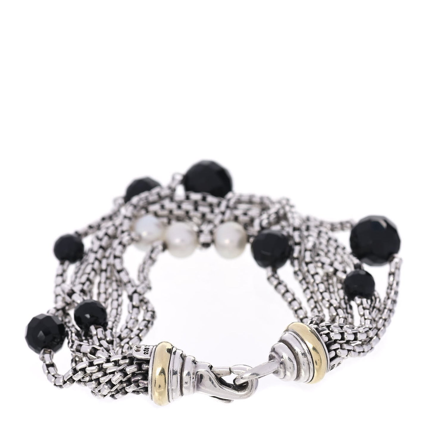 Sterling Silver 18K Yellow Gold Pearl Onyx Multi Strand Box Chain Bracelet