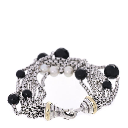 David Yurman Sterling Silver 18K Yellow Gold Pearl Onyx Multi Strand Box Chain Bracelet 3 of 4