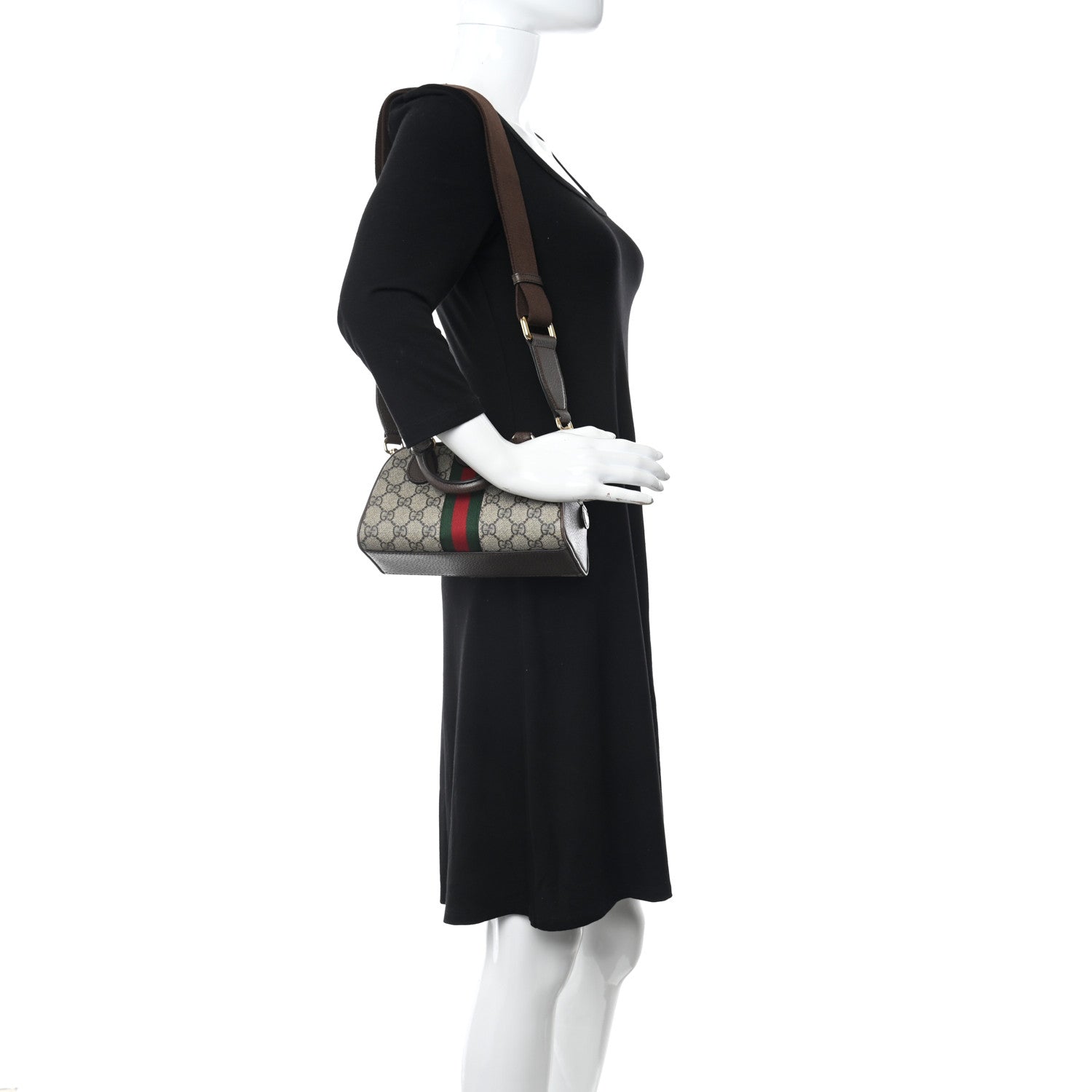 Gucci GG Supreme Monogram Textured Dollar Calfskin Web Mini Ophidia Top Handle Bowler Bag Beige Ebony New Acero 2 of 9