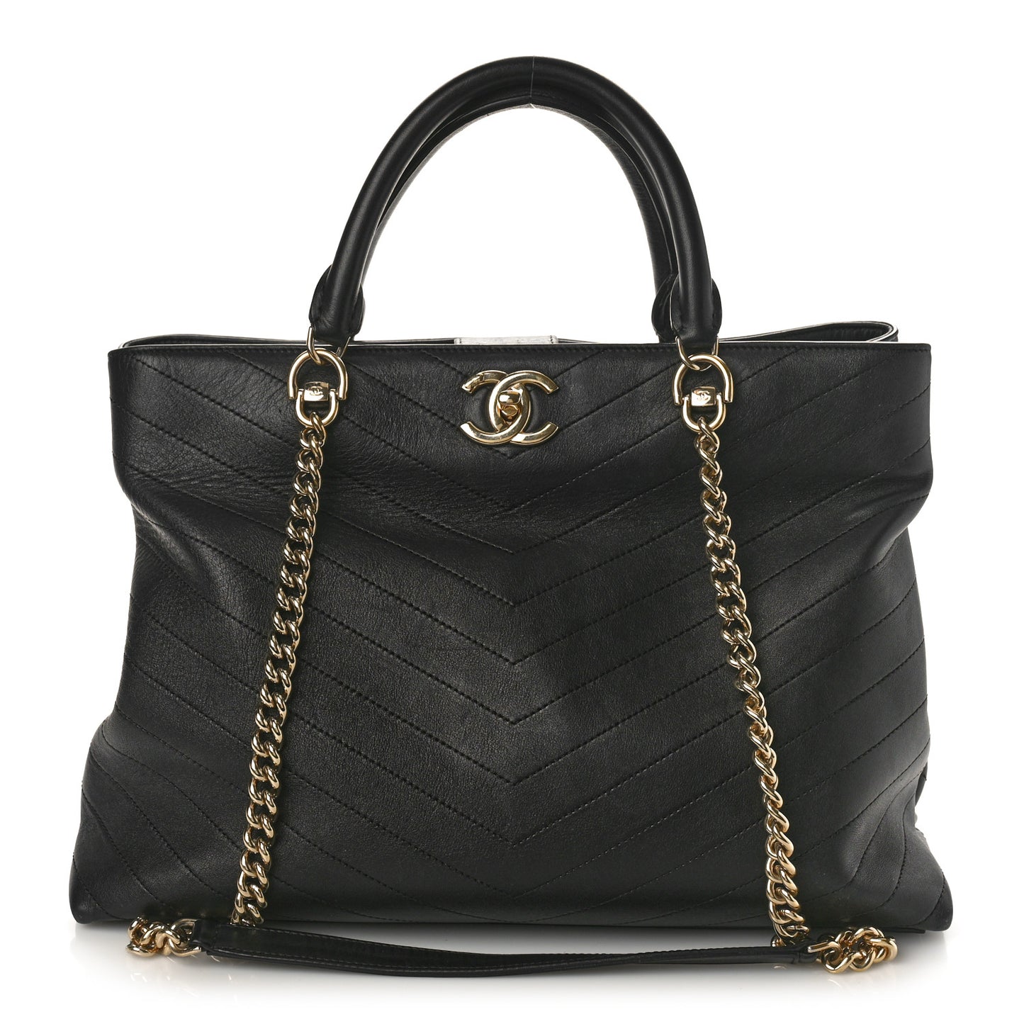 Calfskin Chevron Quilted Large Shopping Tote Black
