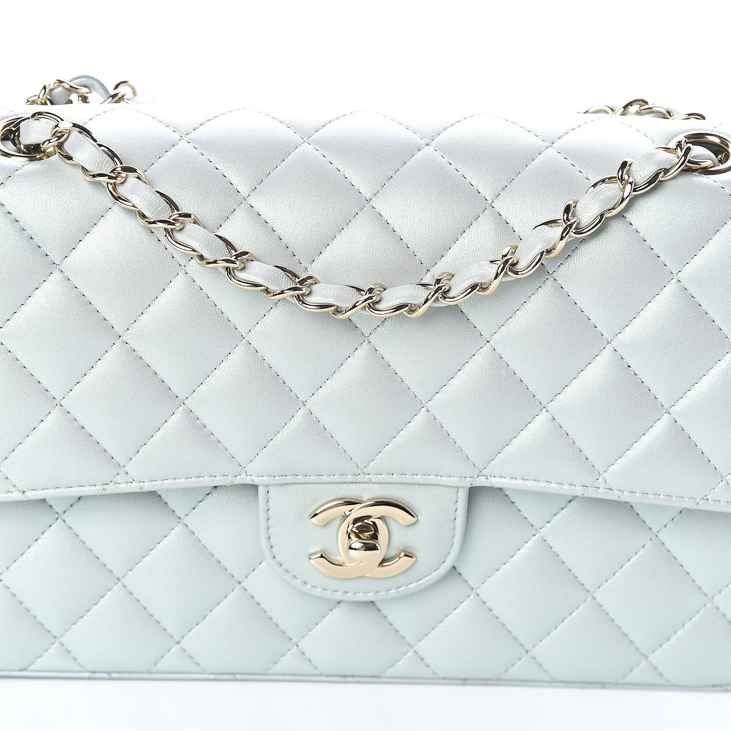 Iridescent Lambskin Quilted Medium Double Flap Light Blue