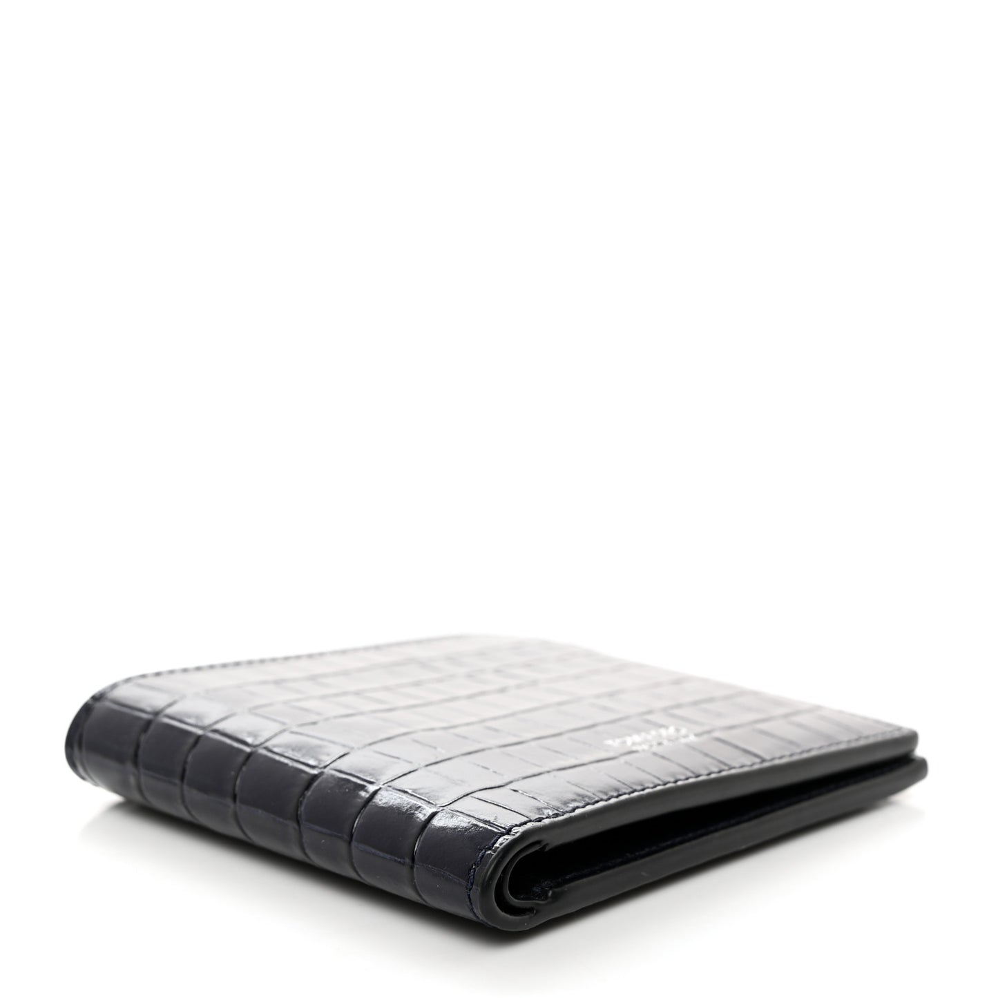 Glossy Calfskin Crocodile Embossed T Line Classic Bi-Fold Wallet Ink