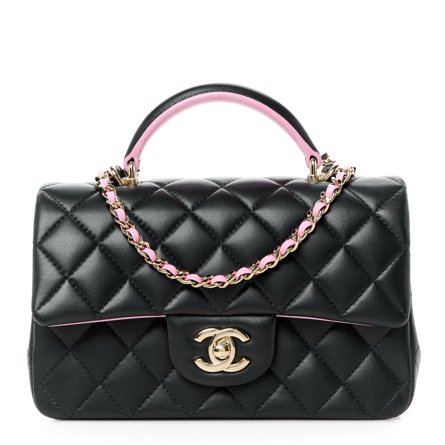 Lambskin Quilted Bi-Color Mini Top Handle Rectangular Flap Black Lilac