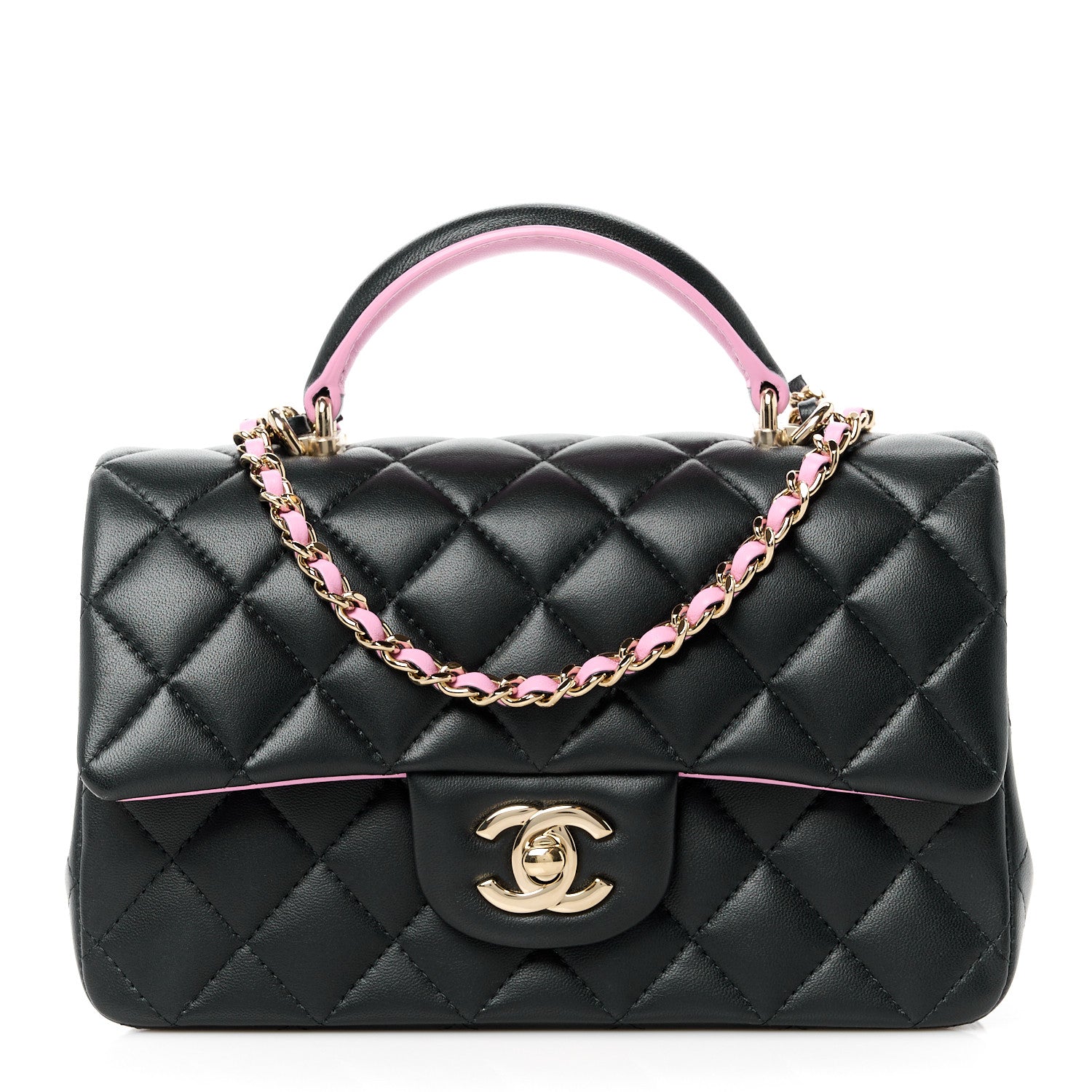 Chanel Lambskin Quilted Bi-Color Mini Top Handle Rectangular Flap Black Lilac 1 of 12