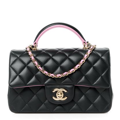Chanel Lambskin Quilted Bi-Color Mini Top Handle Rectangular Flap Black Lilac 1 of 12