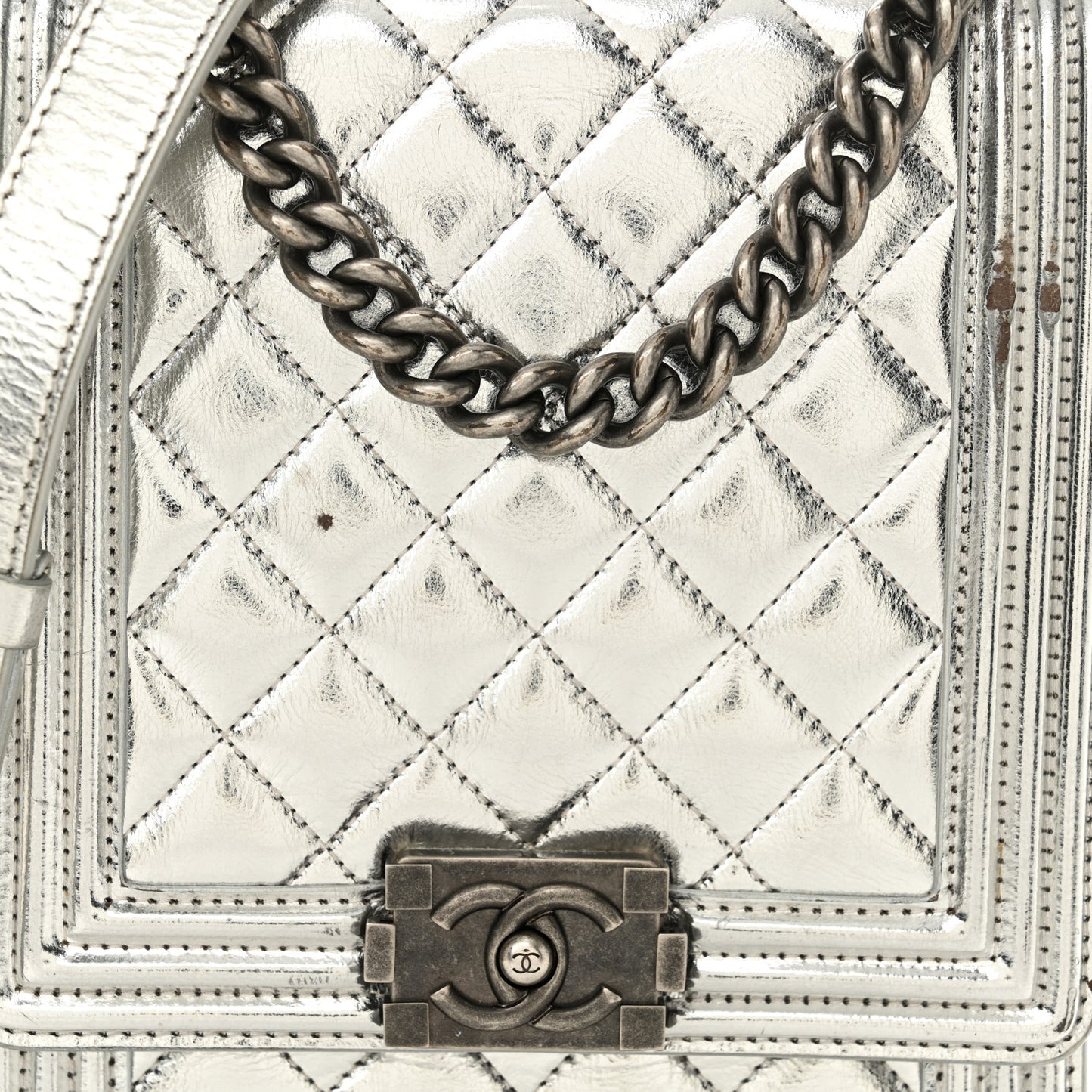 Metallic Goatskin Quilted North South Boy Flap Silver