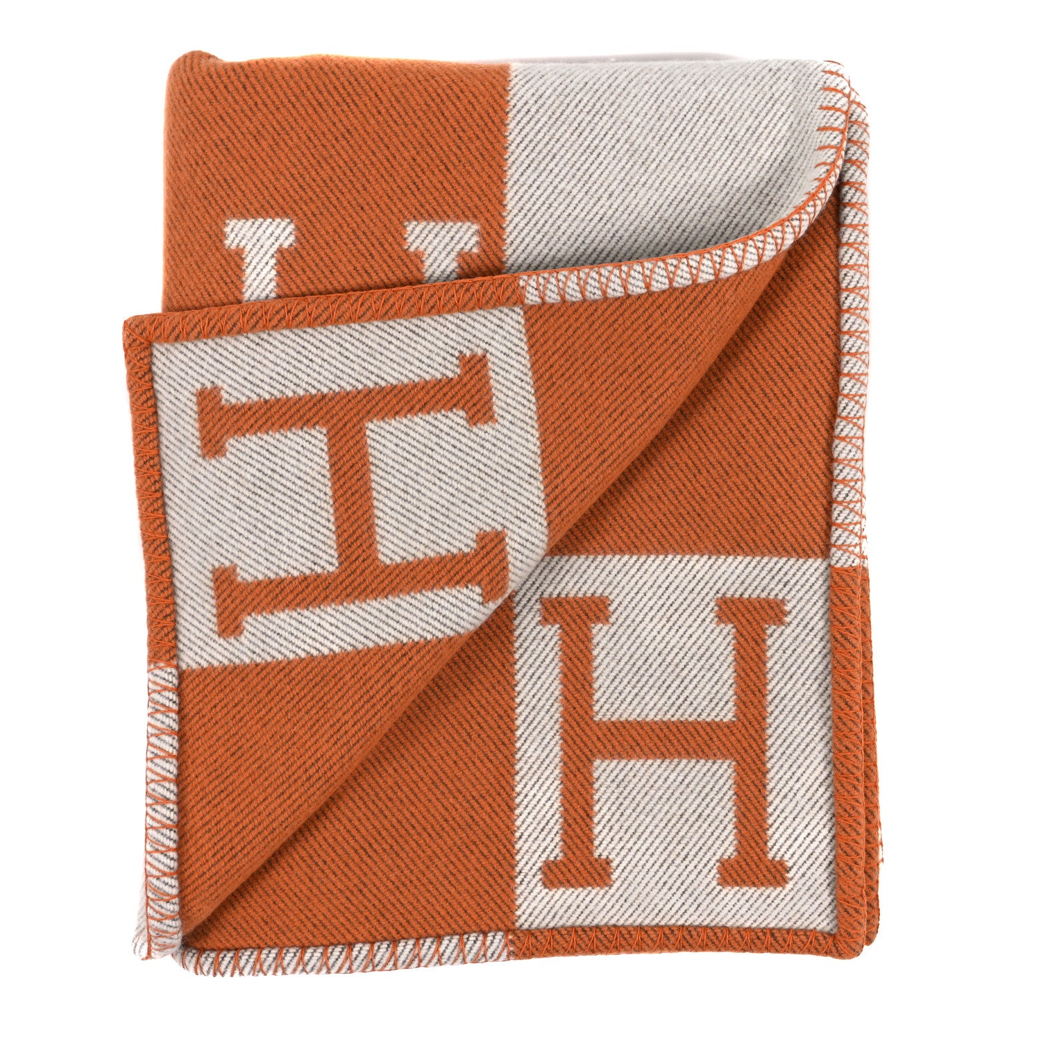 Hermes Wool Cashmere Signature Classic Avalon Blanket Ecru Potiron 2 of 3