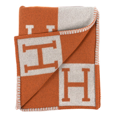 Hermes Wool Cashmere Signature Classic Avalon Blanket Ecru Potiron 2 of 3