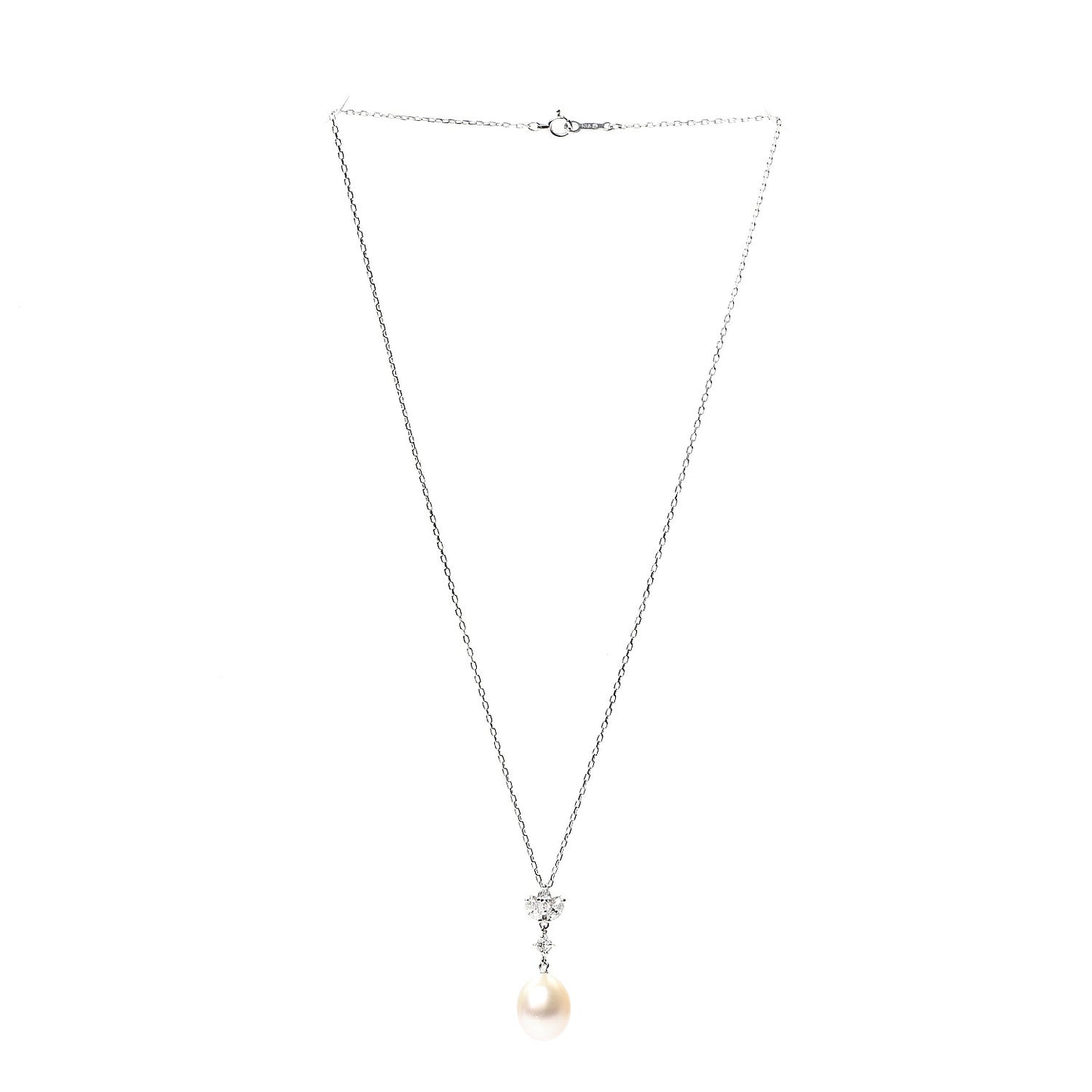 18K White Gold Akoya Pearl Diamond .54ct Drop Pendant Necklace