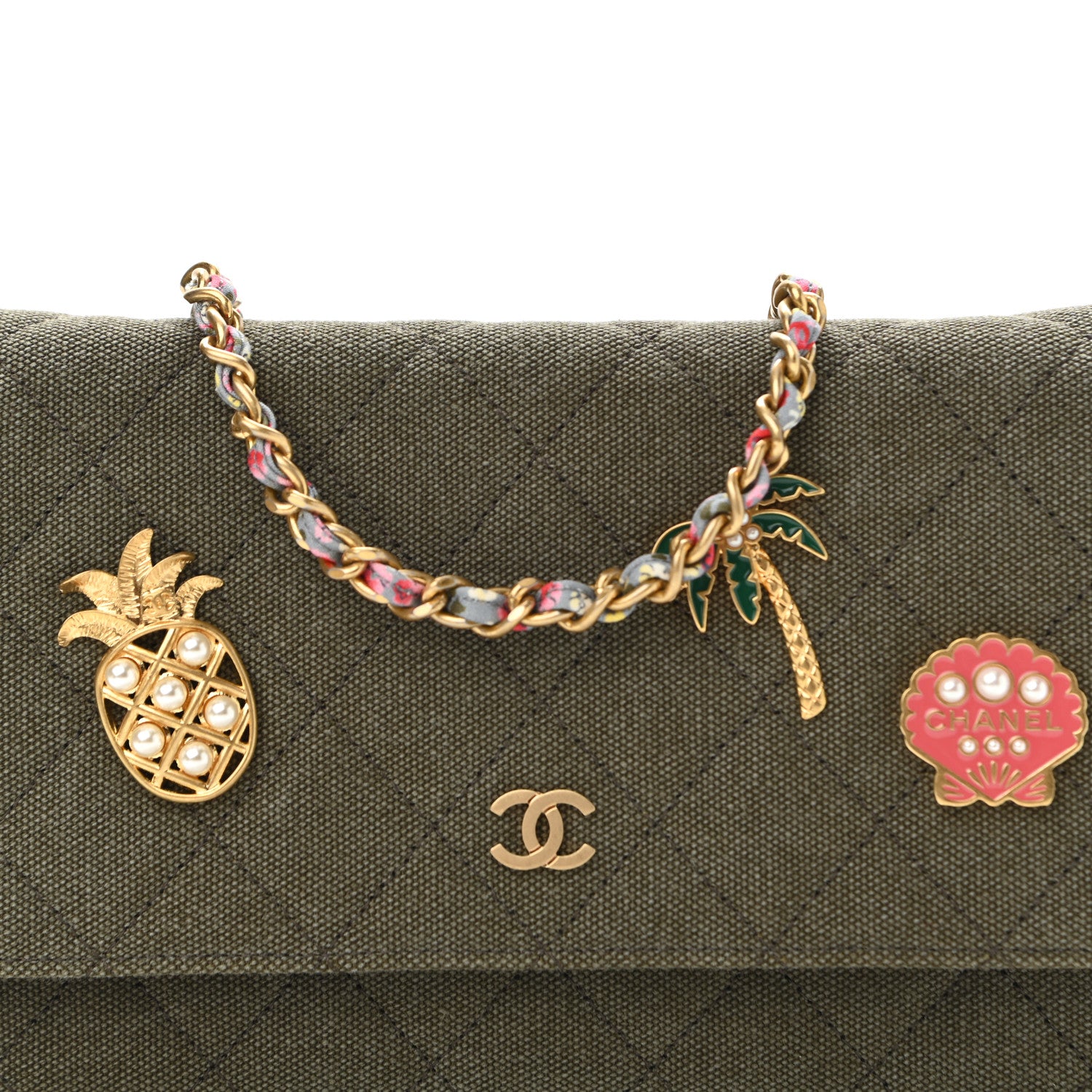 Chanel Canvas Quilted Coco Cuba Charms Wallet On Chain WOC Khaki 8 of 10
