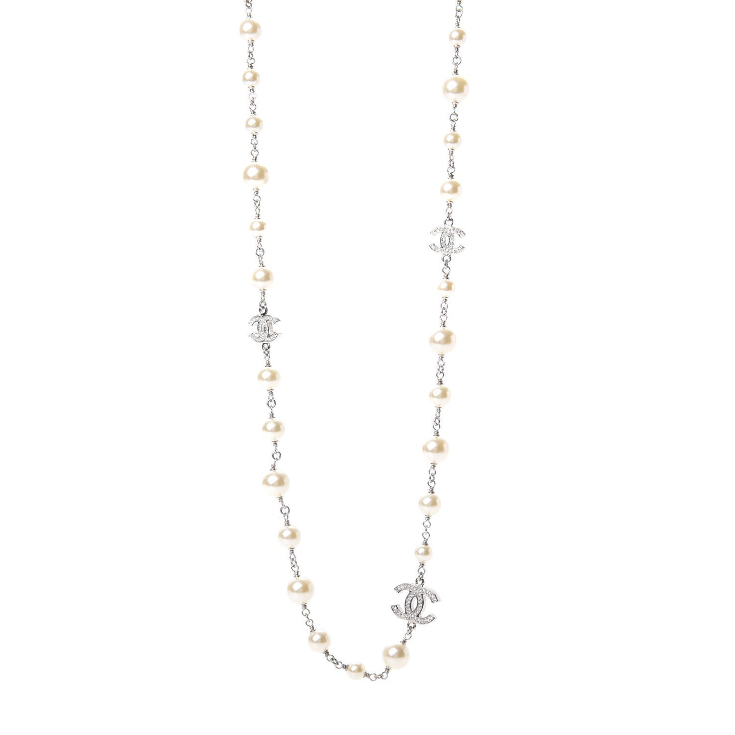 Crystal Pearl CC Long Necklace Silver