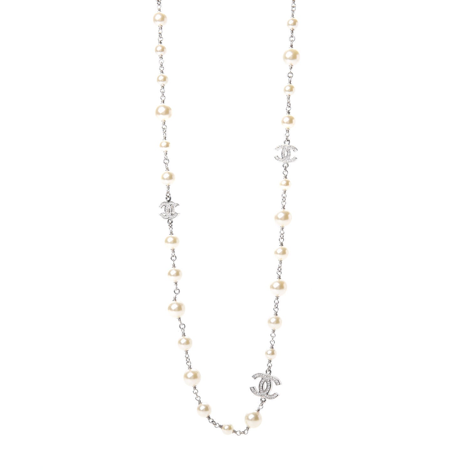 Chanel Crystal Pearl CC Long Necklace Silver 1 of 5