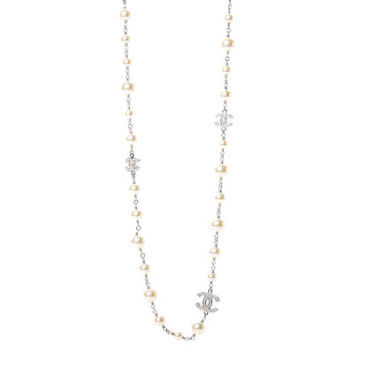 Chanel Crystal Pearl CC Long Necklace Silver 1 of 5