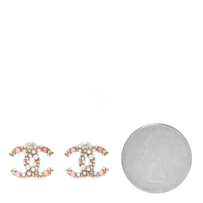 Chanel Pearl Crystal CC Charms Stud Earrings Light Gold Pink 2 of 4
