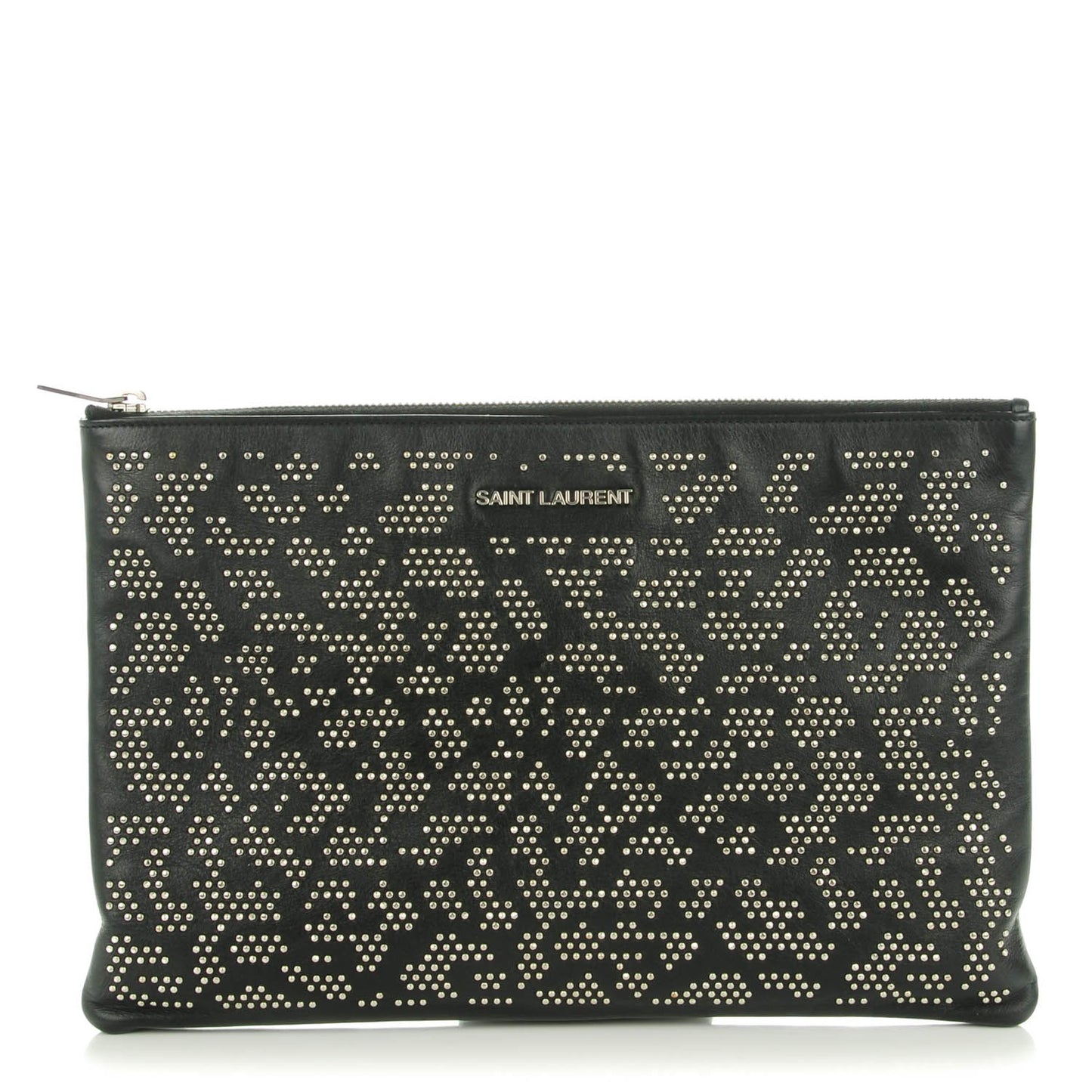 Smooth Calfskin Micro-Studded Letters Zip Clutch Black
