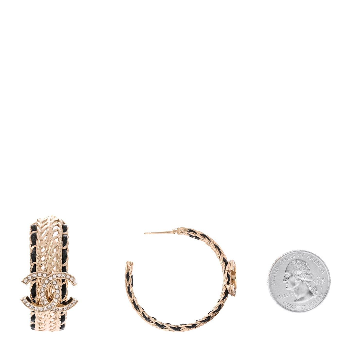 Crystal Lambskin CC Double Chain Hoop Earrings Gold Black