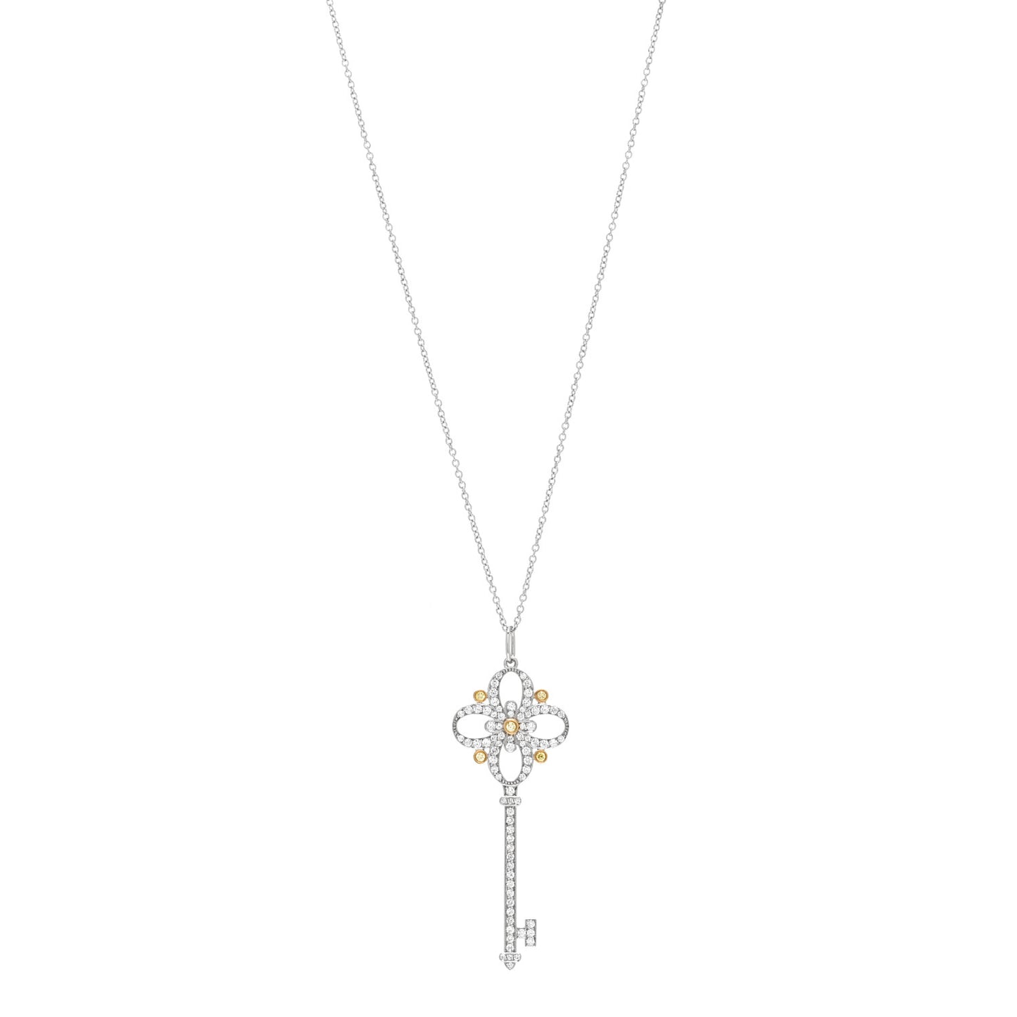 Platinum 18K Yellow Gold Diamond Floret Key Pendant Necklace