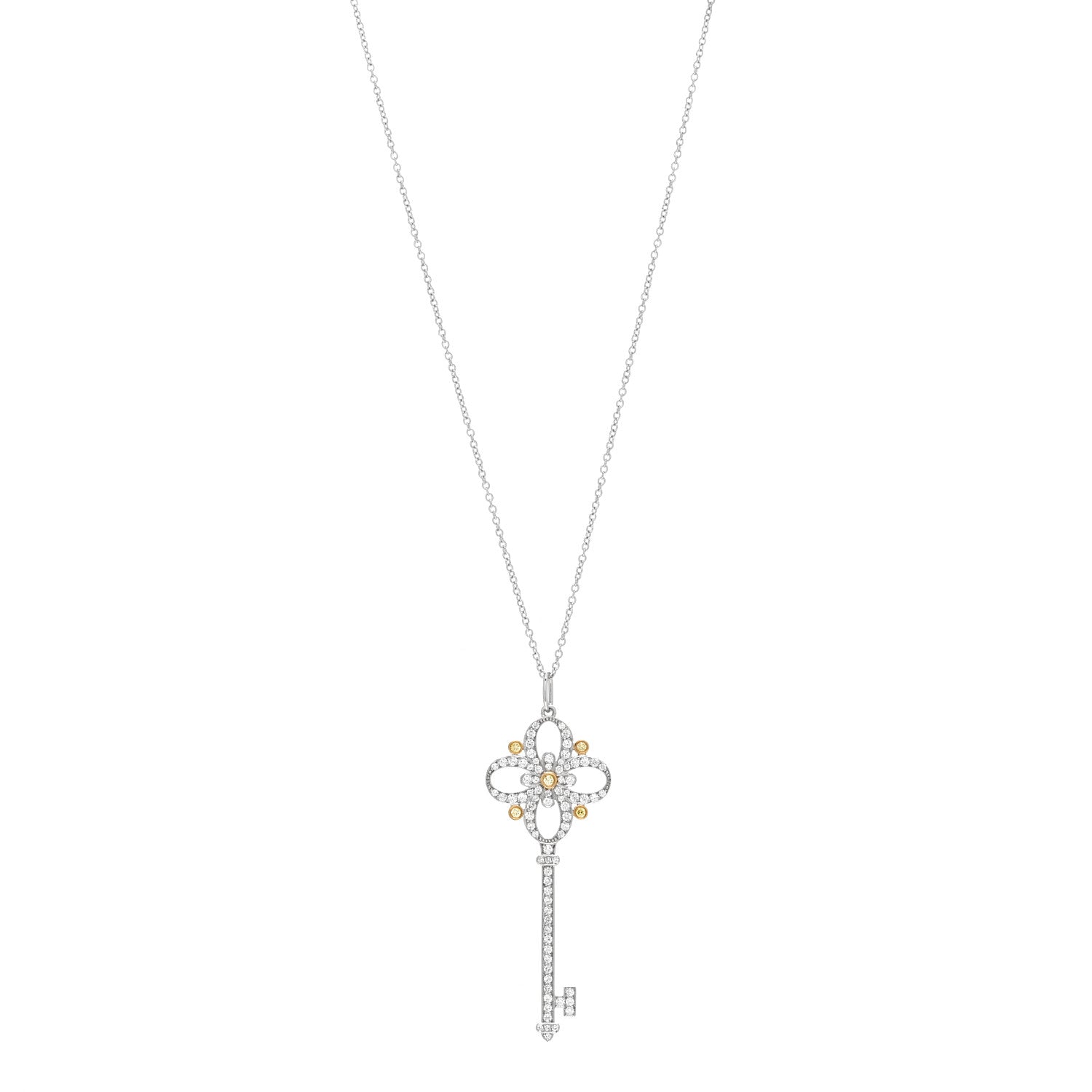 Tiffany Platinum 18K Yellow Gold Diamond Floret Key Pendant Necklace 1 of 6