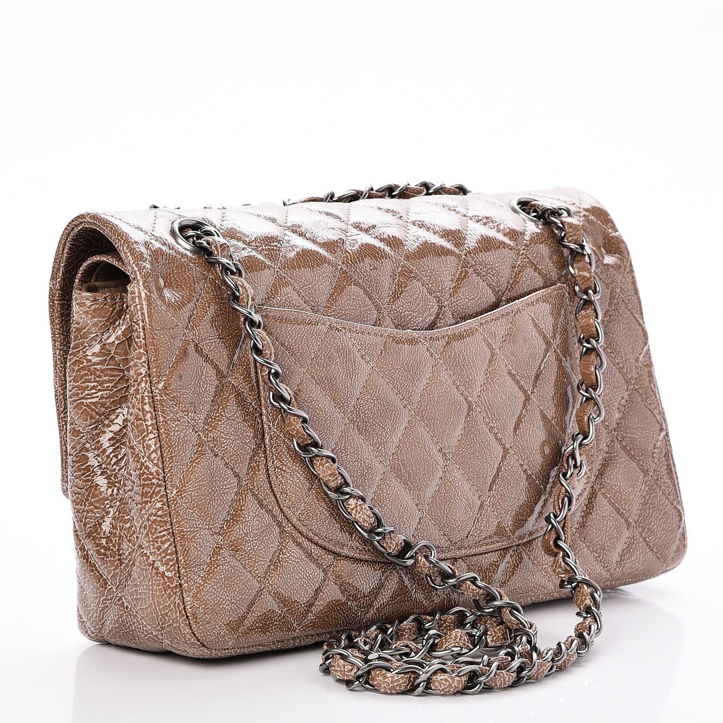 Crinkled Patent Quilted Medium Double Flap Beige