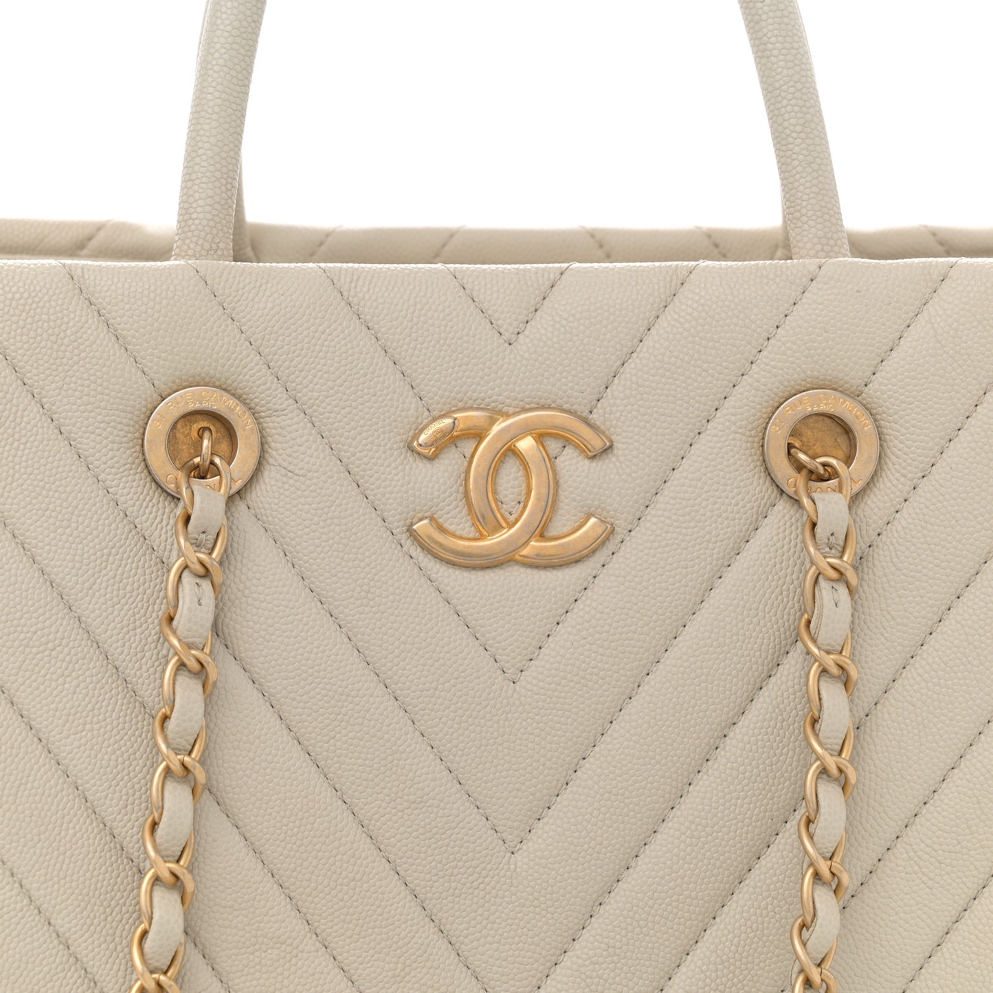 Caviar Chevron Quilted Coco Handle Shopping Tote Ivory