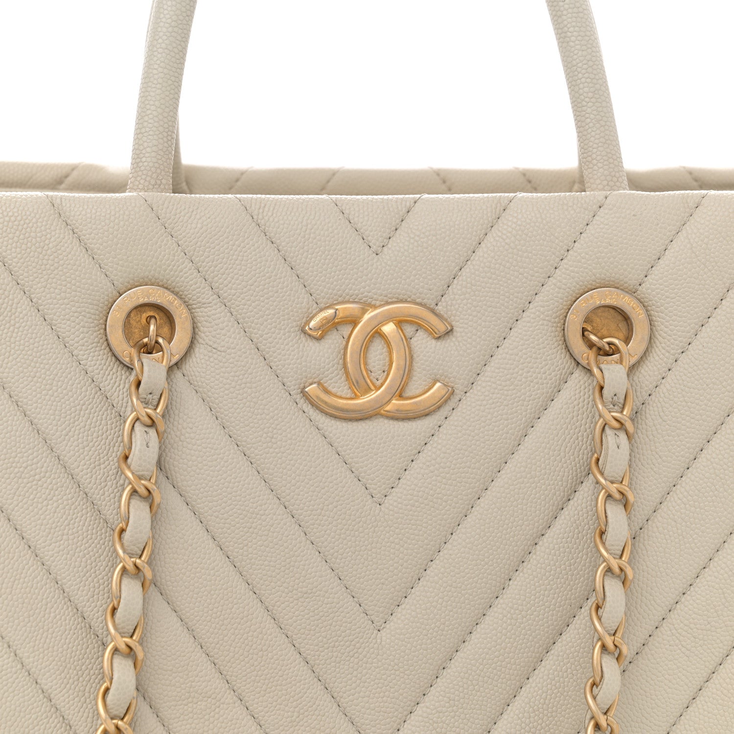 Chanel Caviar Chevron Quilted Coco Handle Shopping Tote Ivory 8 of 13