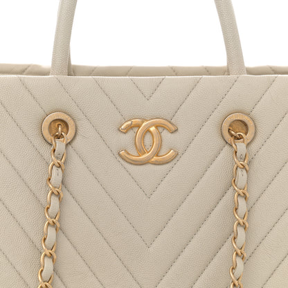 Chanel Caviar Chevron Quilted Coco Handle Shopping Tote Ivory 8 of 13