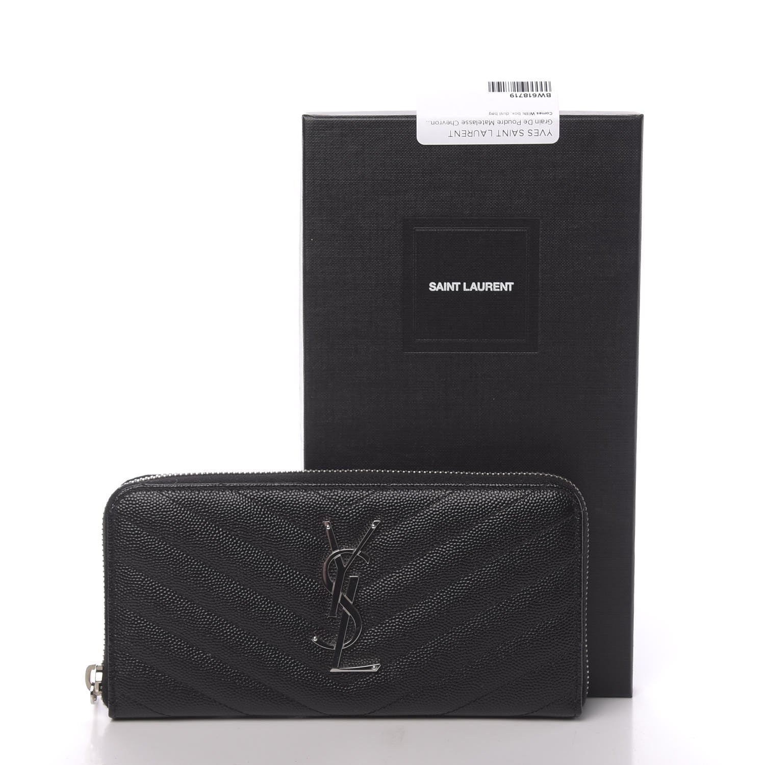 Saint Laurent Grain De Poudre Matelasse Chevron Monogram Zip Around Wallet Black 8 of 8