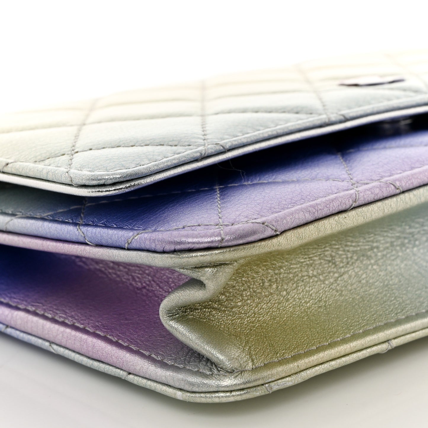 Gradient Metallic Calfskin Quilted Wallet On Chain WOC Silver Blue Yellow Purple