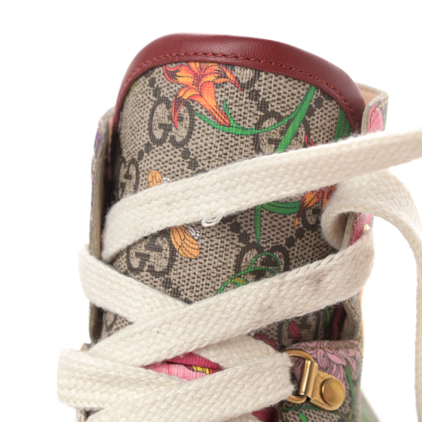 GG Supreme Monogram Flora Lace Up Combat Ankle Boots 38.5 Beige Multicolor Red
