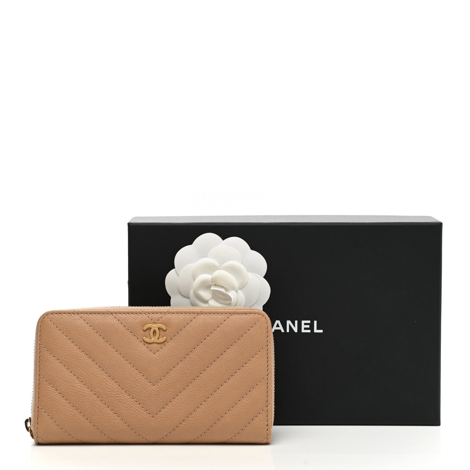 Chanel Glazed Lambskin Chevron Quilted Zip Around Wallet Beige 10 of 10
