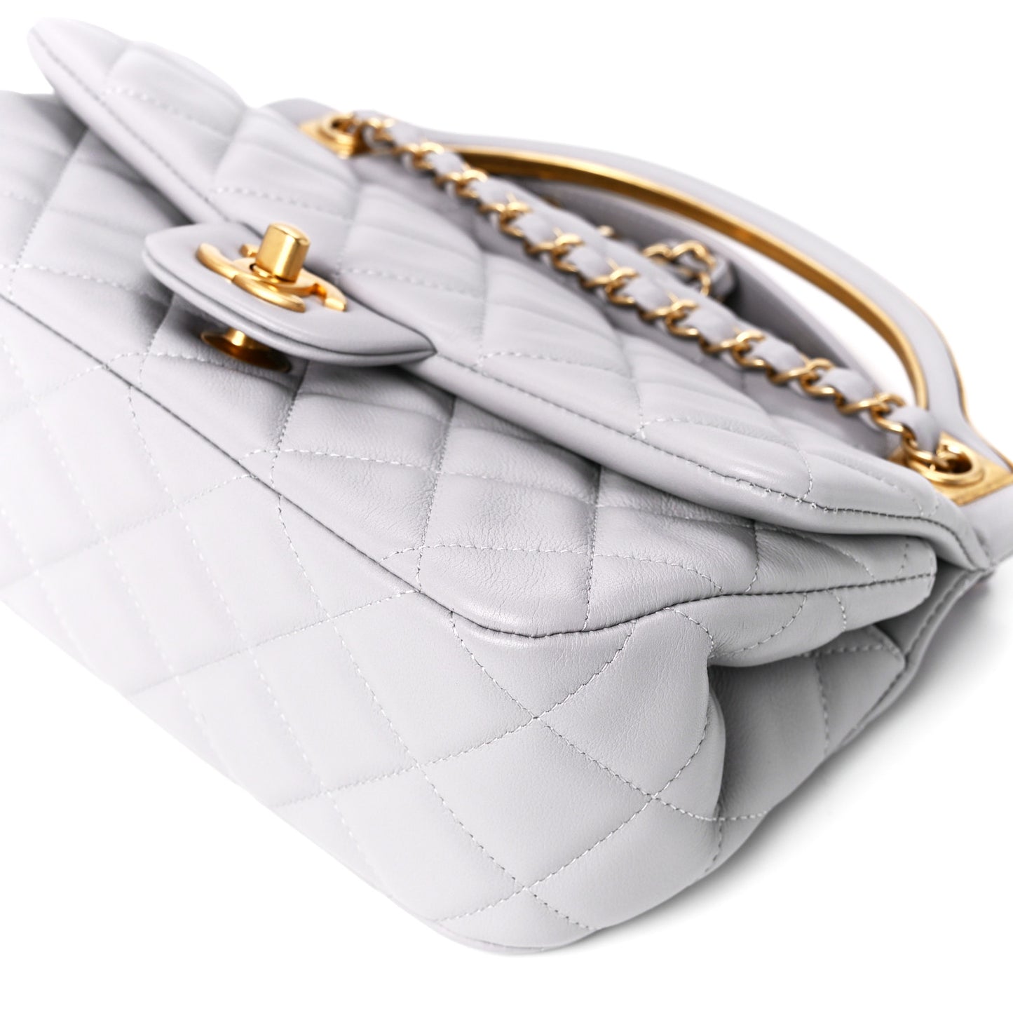 Calfskin Quilted Small Lady Handle Clutch With Chain Grey