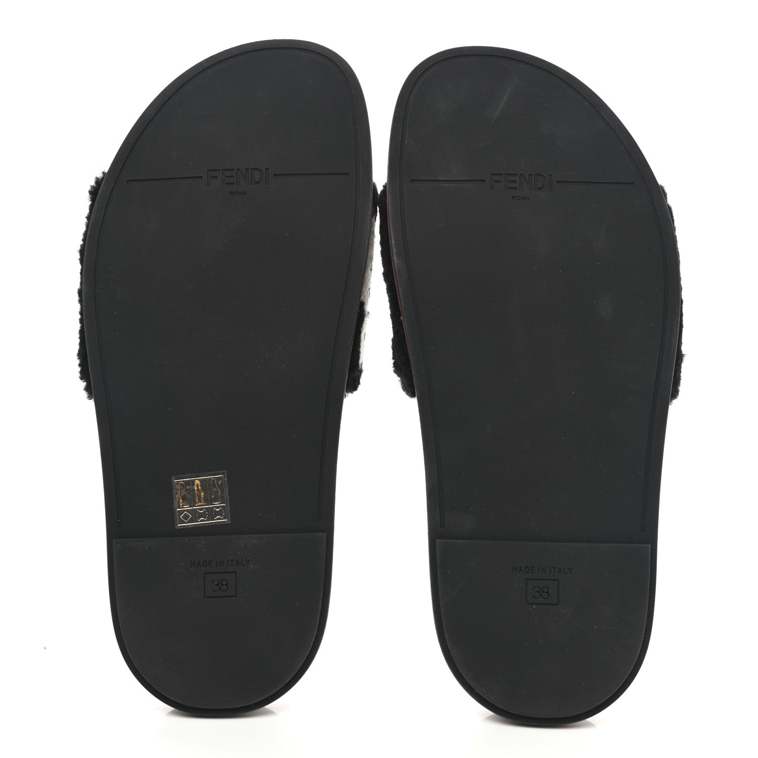 Fendi Shearling Logo Slide Sandals 38 Black Latte Brownie 5 of 9