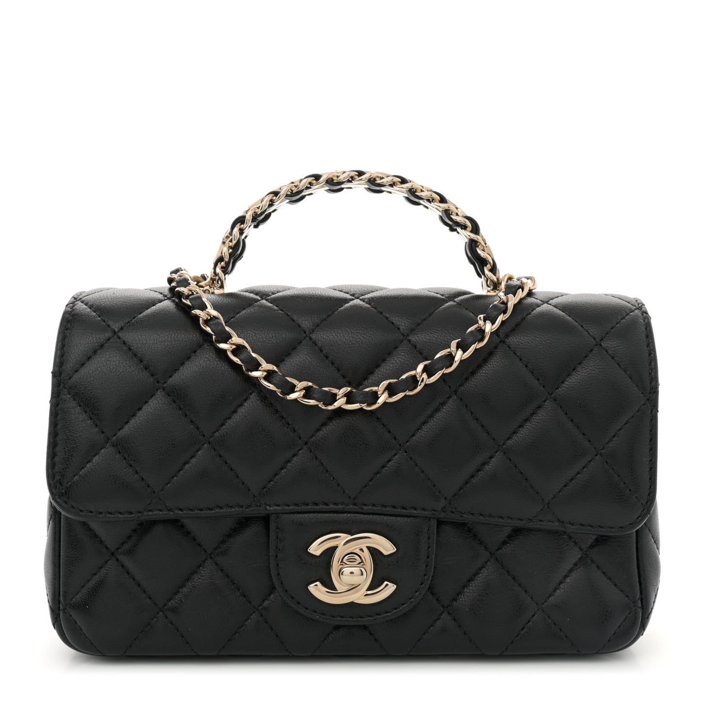 Lambskin Quilted Mini Crystal Top Handle Rectangular Flap Black