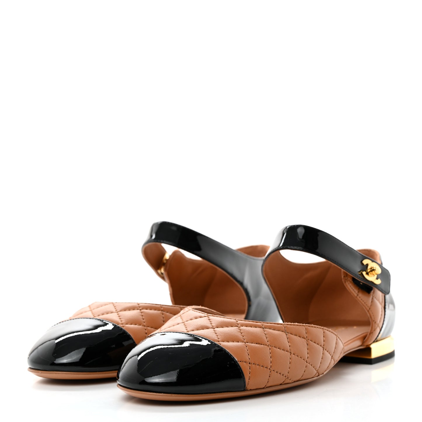 Patent Lambskin Quilted Cap Toe Ballerina Flats 41 Light Brown Black