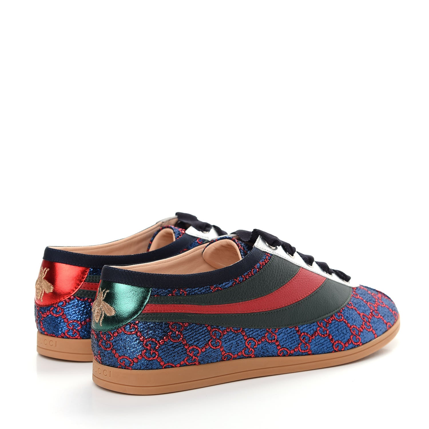 Gucci Lurex Calfskin Web GG Monogram Mens Falacer Sneakers 8.5 Iridescent Blue Iridescent Red Silver 4 of 11
