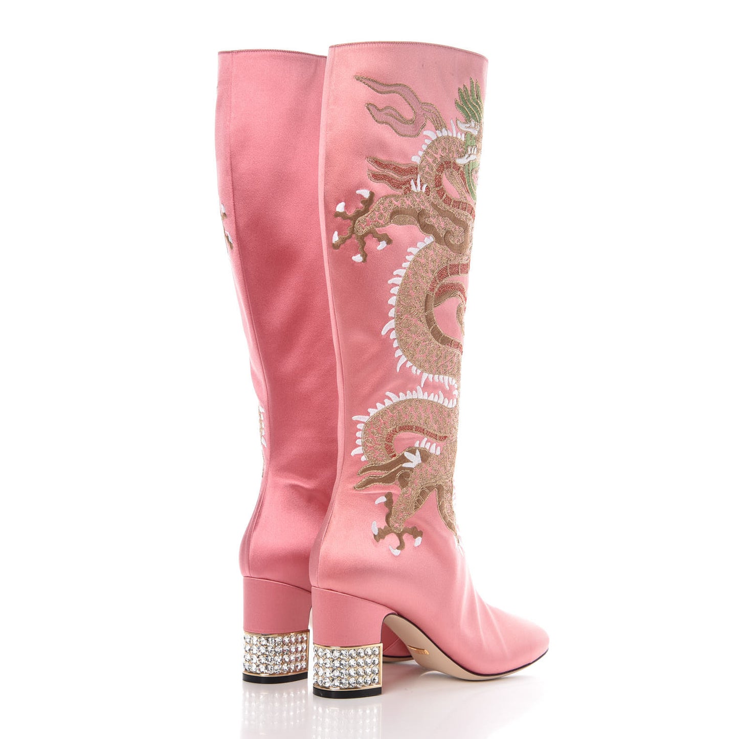 Silk Satin Malaga Kid Embroidered Candy Dragon Block-Heel Knee Boot 38 Glossy Pink