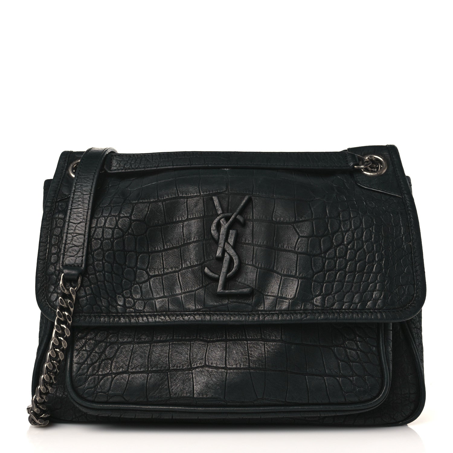 Saint Laurent Nubuck Crocodile Embossed Monogram Medium Niki Chain Satchel Black 1 of 9