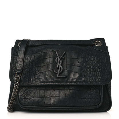 Saint Laurent Nubuck Crocodile Embossed Monogram Medium Niki Chain Satchel Black 1 of 9