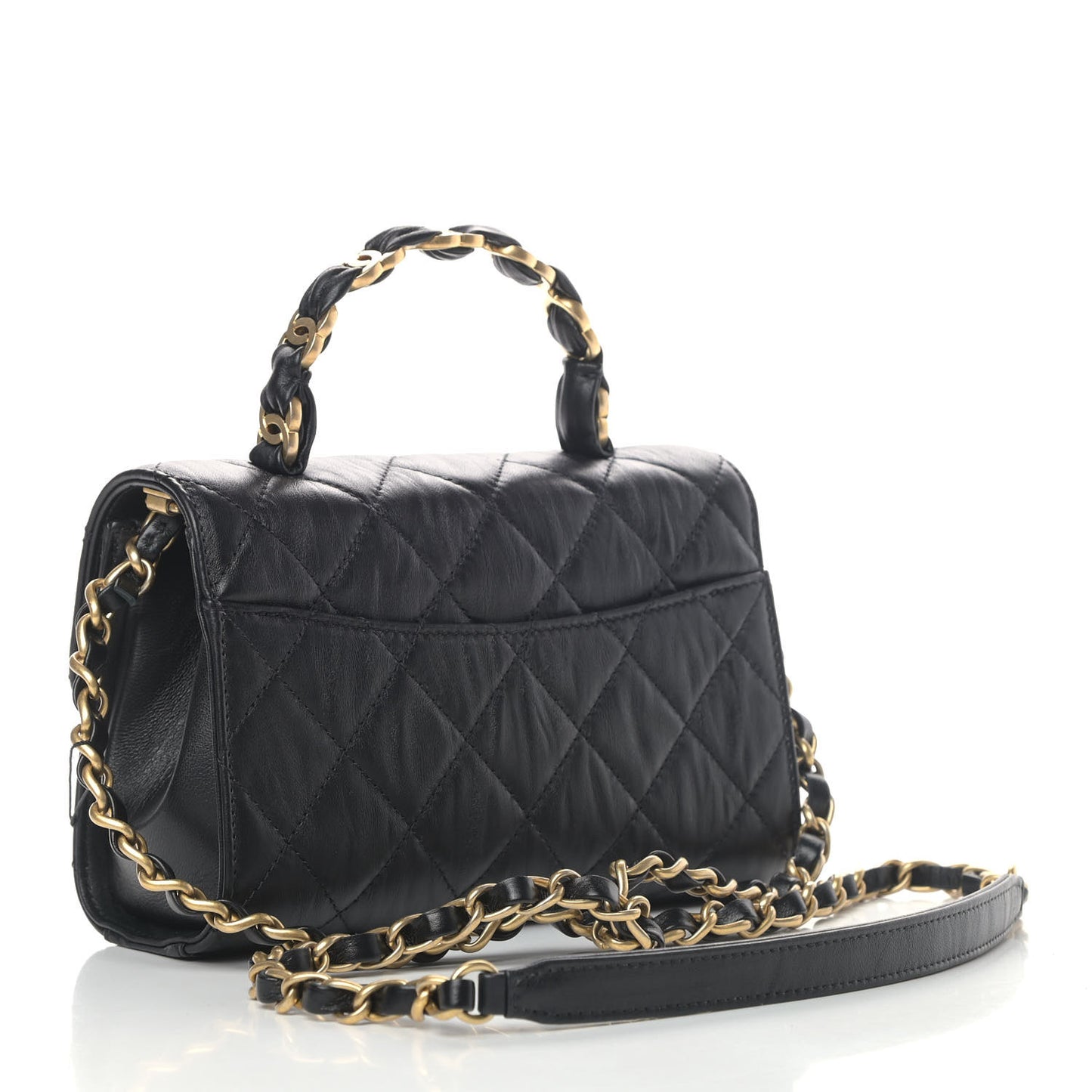 Crumpled Lambskin Quilted Mini CC Links Top Handle Flap Black