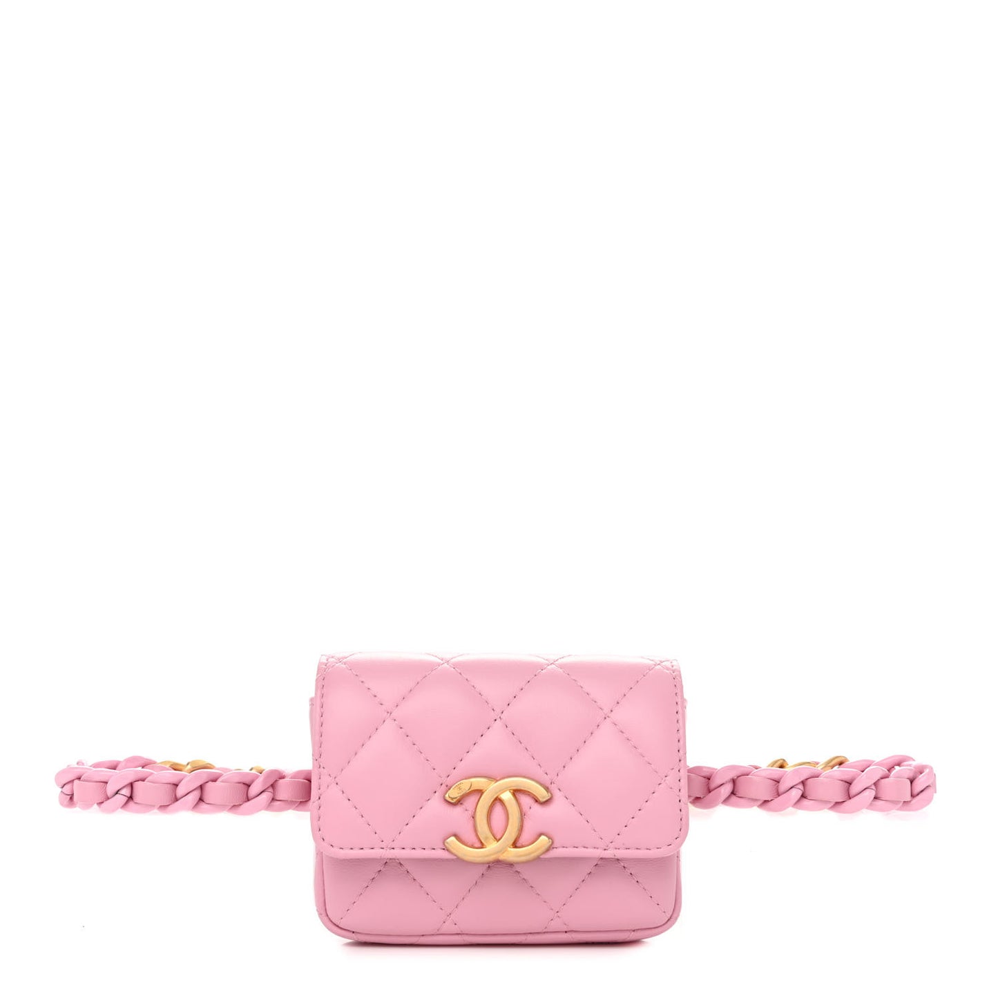 Lambskin Lacquered Metal Quilted Flap Chain Belt Bag Pink
