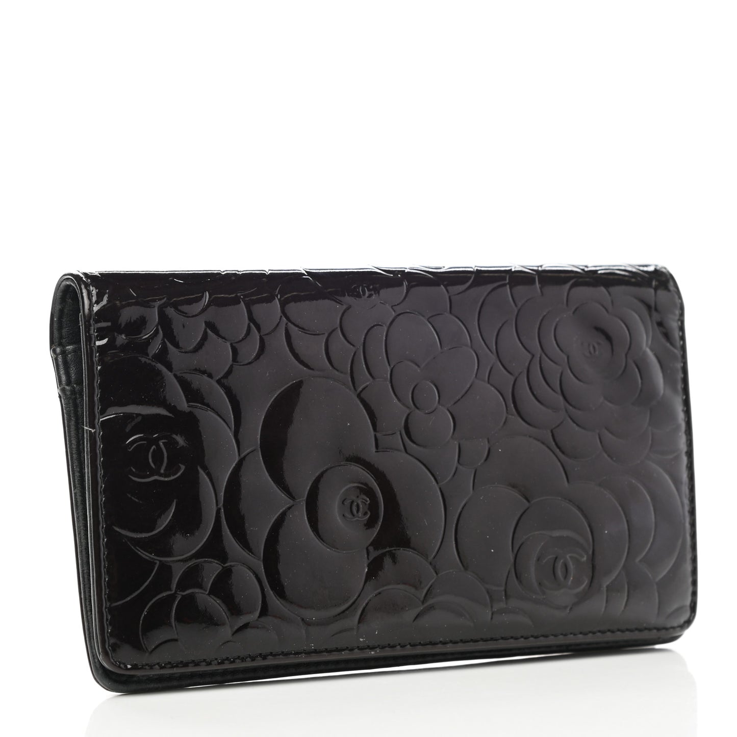 Patent Camellia Embossed Yen Wallet Black