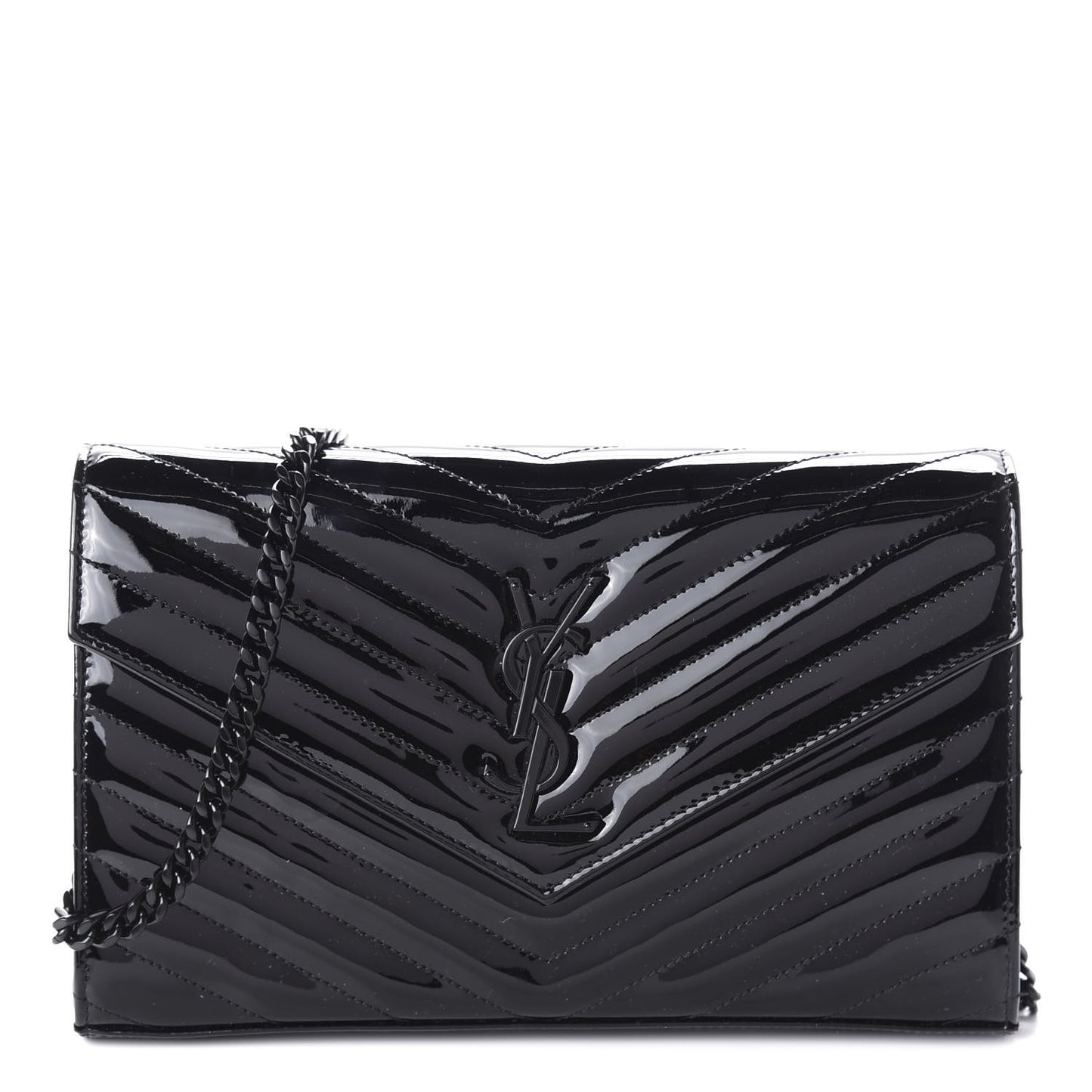 Patent Matelasse Chevron Monogram Chain Wallet Black