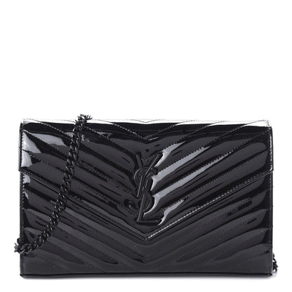 Saint Laurent Patent Matelasse Chevron Monogram Chain Wallet Black 1 of 10