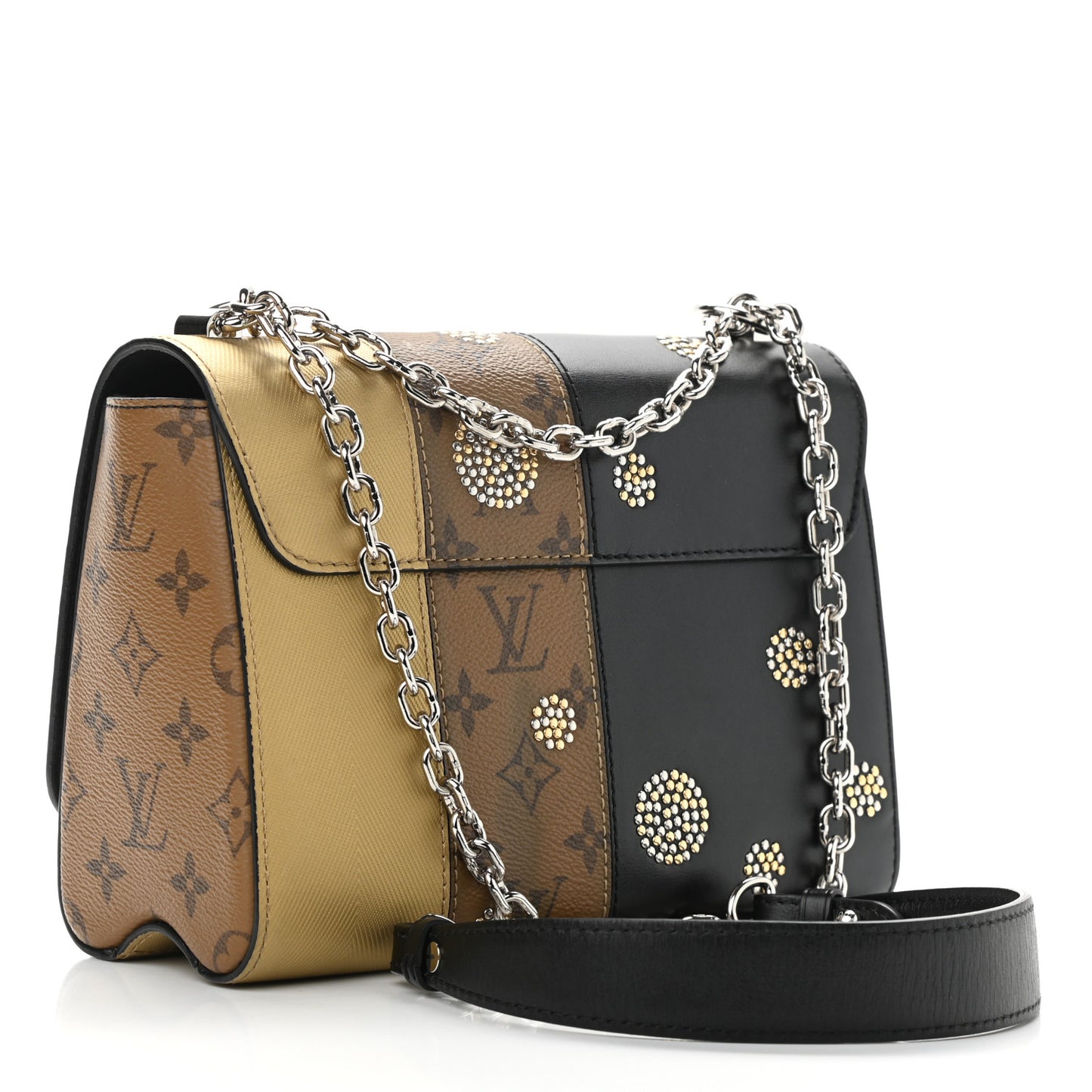 Calfskin Reverse Monogram Studded Twist Shoulder Bag MM Black Gold