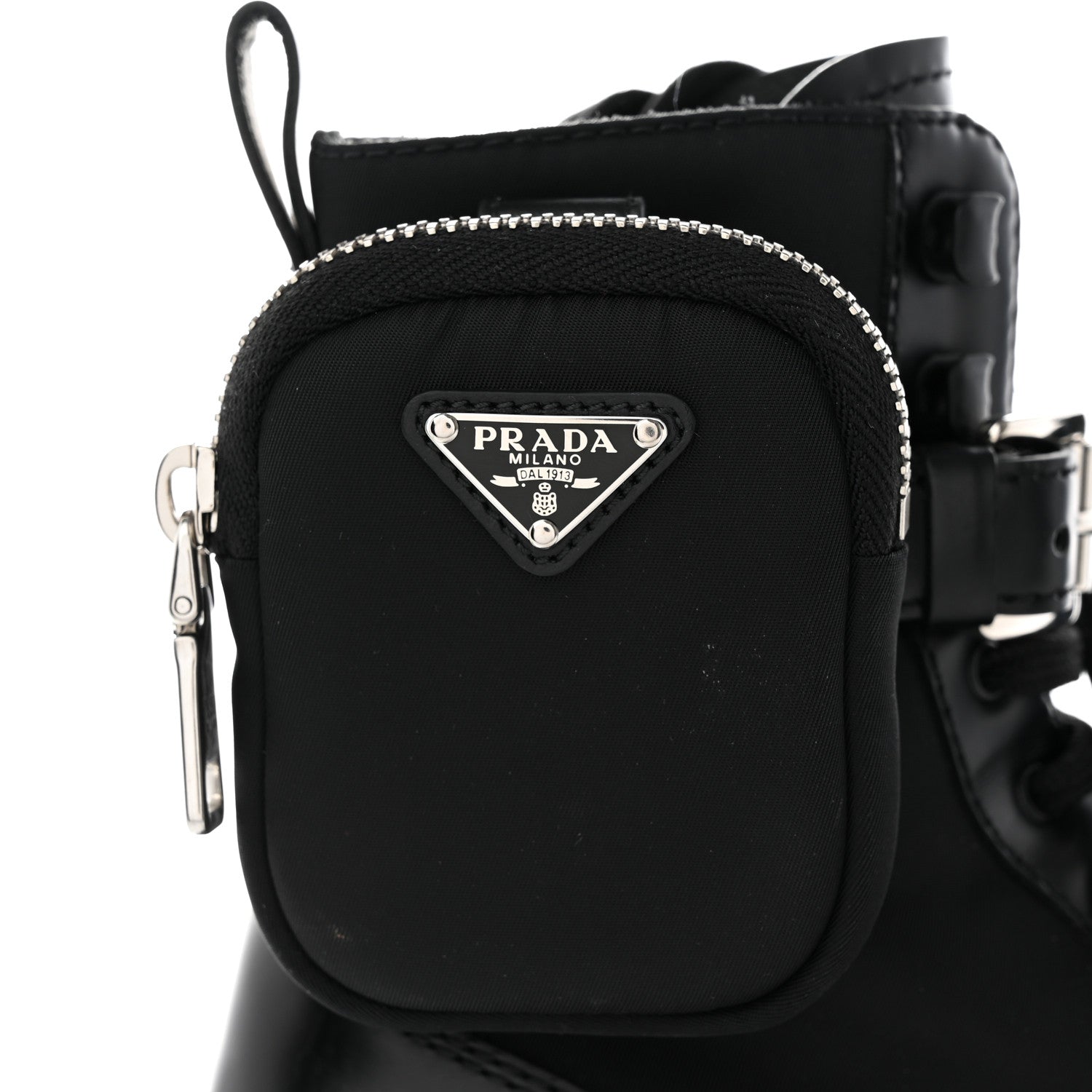 Prada Spazzolato Rois Re-Nylon Metal Triangle Logo Monolith Pouch Pocket 55mm Boots 36 Black 9 of 15