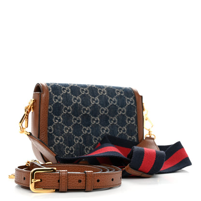 Gucci New Denim GG Monogram Dollar Calfskin Web Mini Horsebit 1955 Shoulder Bag Blue Tea Cuir Epilog 3 of 10